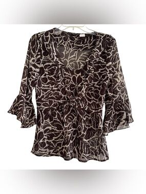 Y2K Versatile Floral Brown Cream Sheer Blouse Top Fairy Romantic Bell Sleeves L